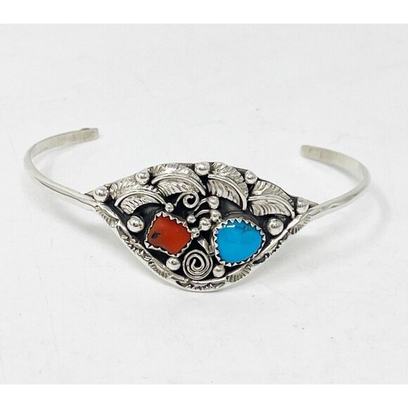 Native American 925 Sterling Silver Turquoise & Coral Small Dainty Cuff Bracelet - Picture 2 of 8